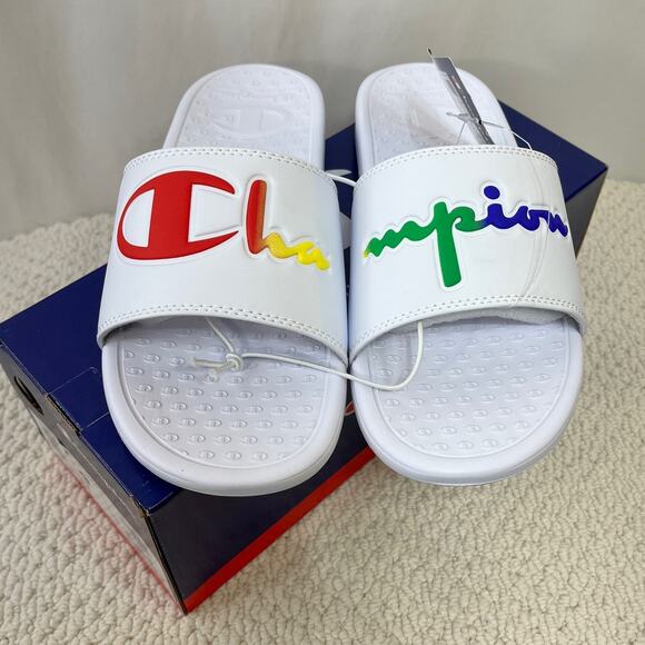 Champion Super Slide Sandal Women's Size 9 White Rainbow Split Script New in Box - Picture 1 of 7